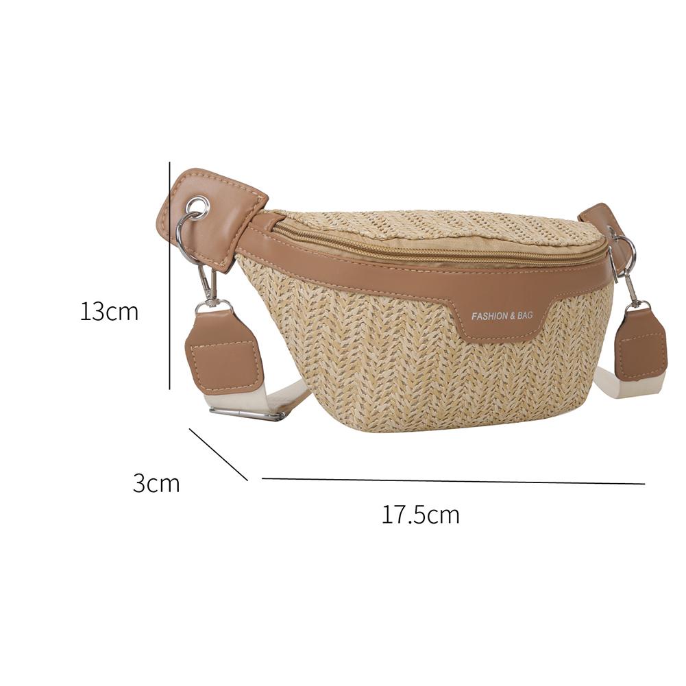 Small elongated woven straw sling bag with an adjustable strap