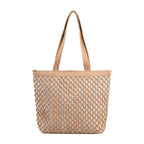 Structured woven tote bag with a top zip closure in blue or beige