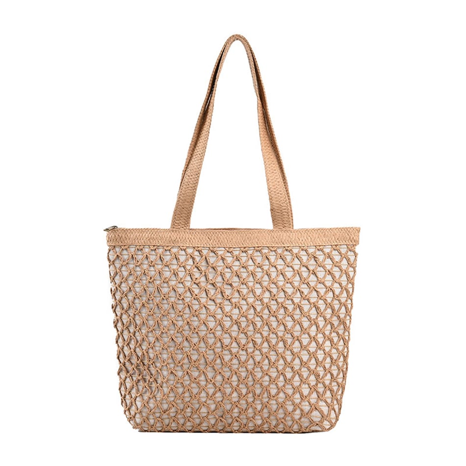 Structured woven tote bag with a top zip closure in blue or beige