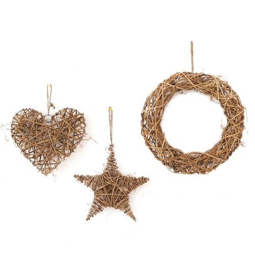 Woven wicker heart, star and round wreath