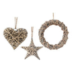 Woven wicker heart, star and round wreath