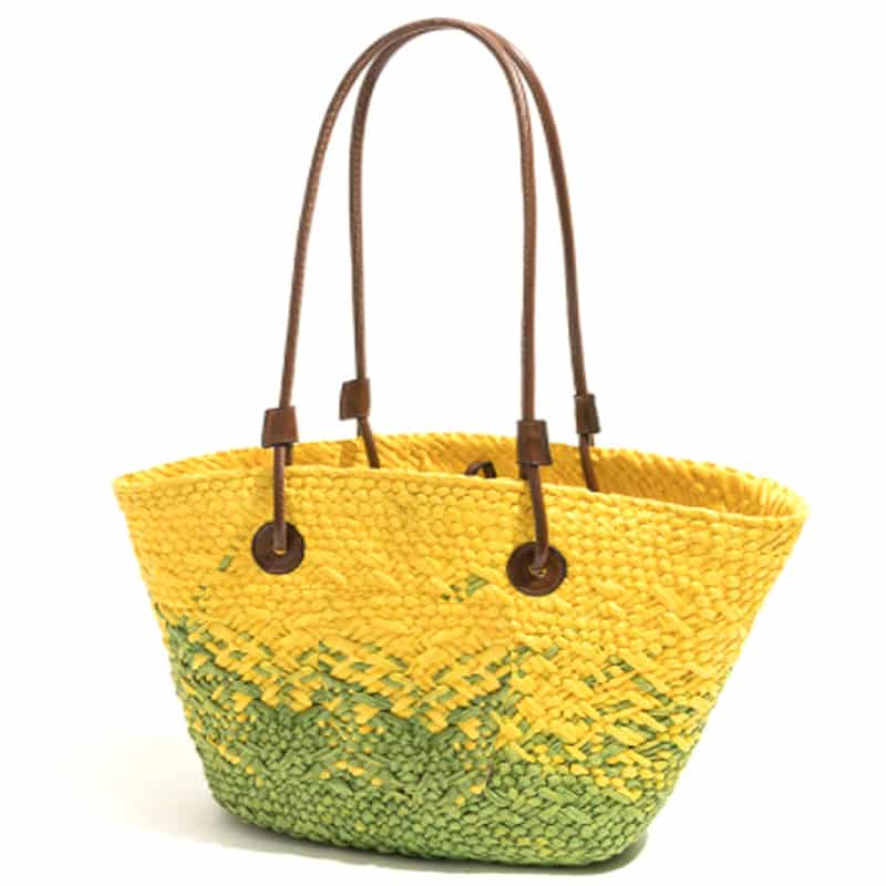 Large two tone yellow and green woven straw tote bag