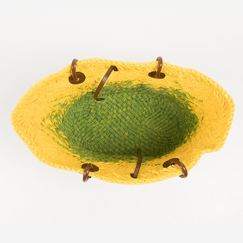 Large two tone yellow and green woven straw tote bag
