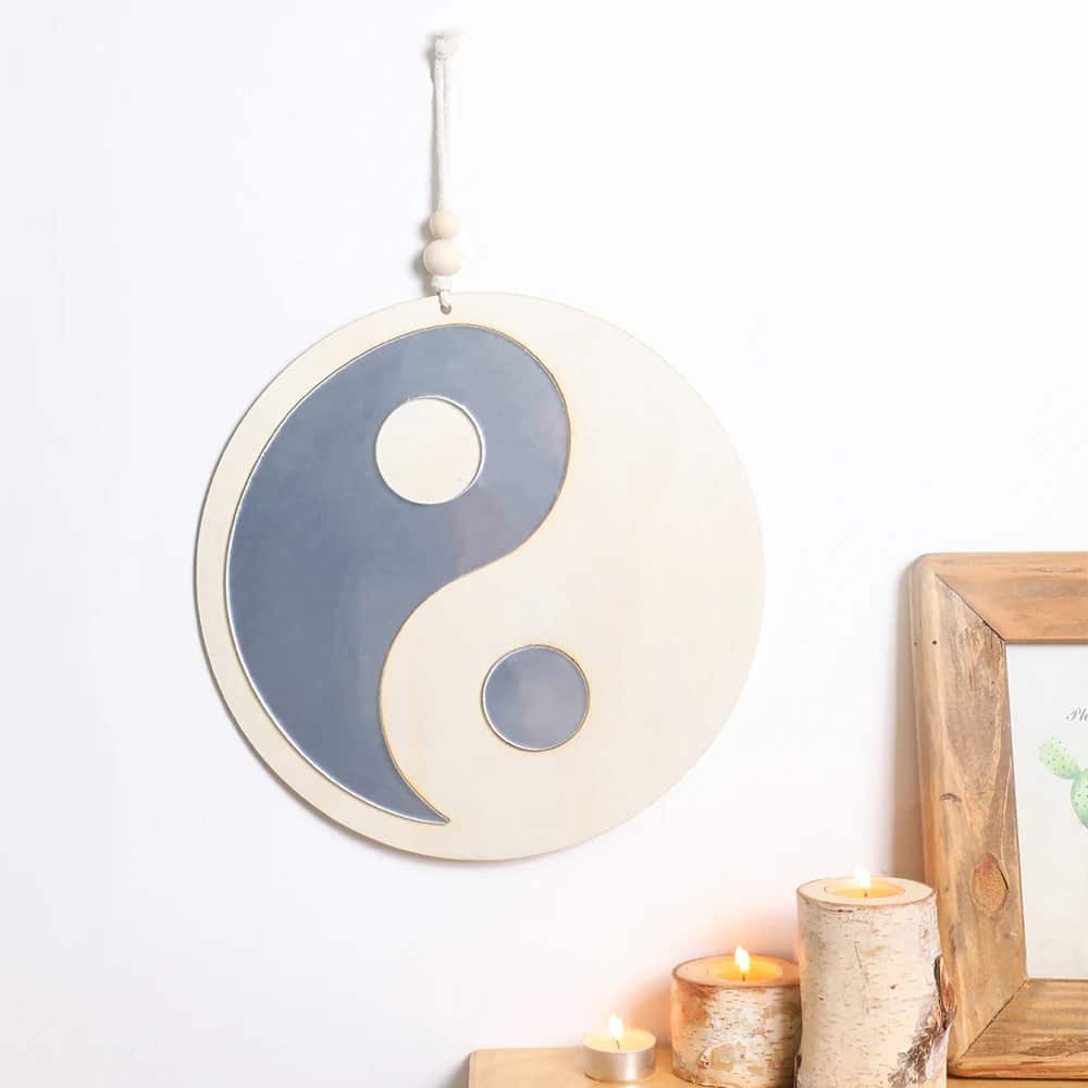 Yin yang shaped wooden hanging mirror