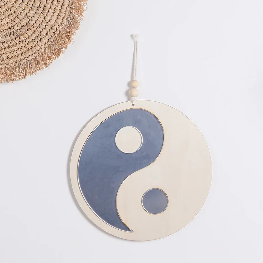 Yin yang shaped wooden hanging mirror